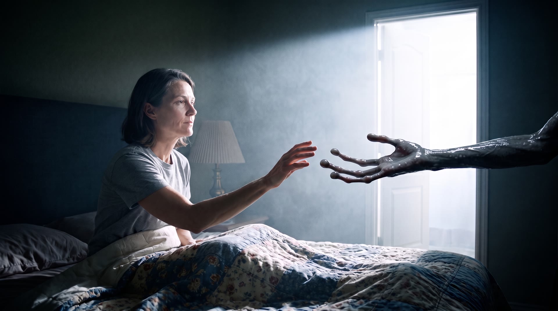 Illustration: a woman sitting up in bed at night, calm, reaching out her hand toward a long grey alien hand with bulb-tipped fingers that reaches in from a doorway full of white light.